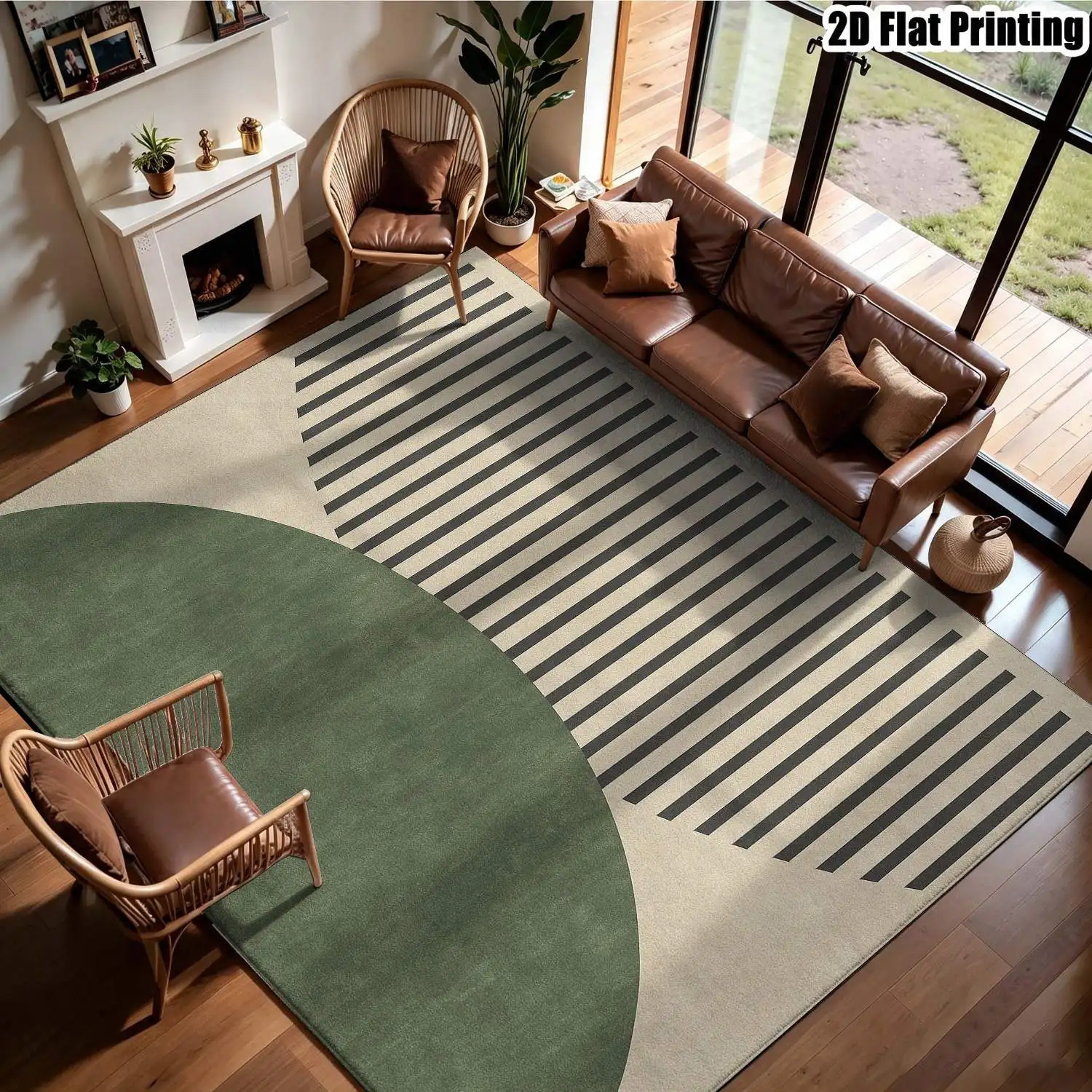 1Pc 2D Printed Carpet: Beige-Green Geometric Stripe Nordic/Instagram/European Style, Machine Washable, Multi-Size. Ideal for Living Room, Bedroom, Dining Room, Entryway, Study, Home Decoration.