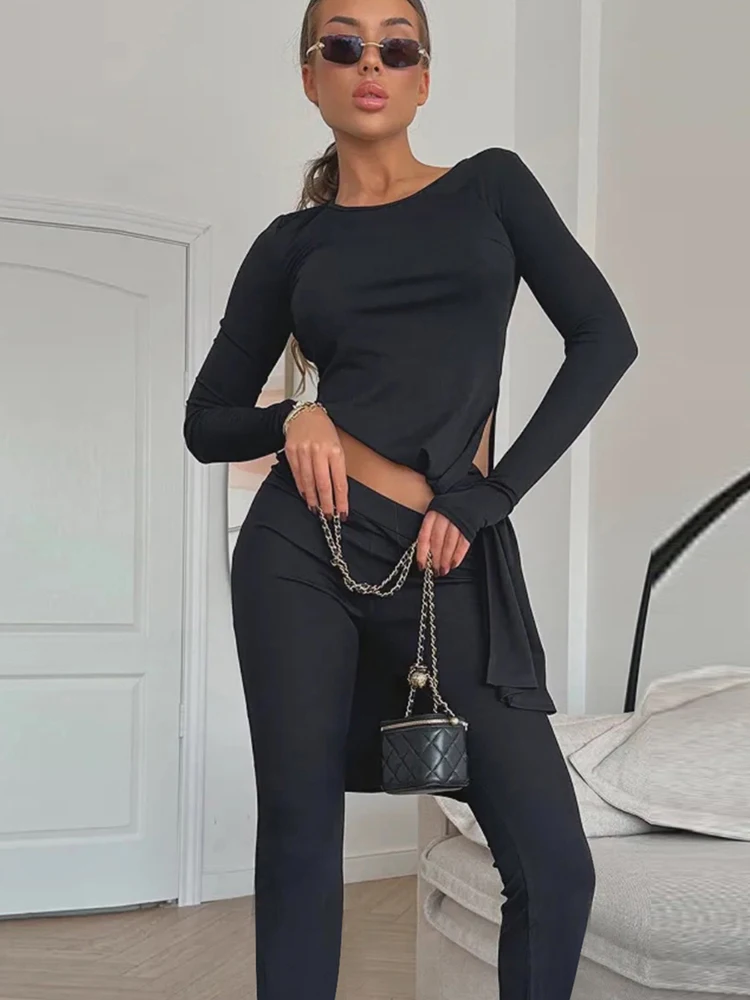 Nibber Casual Set da 2 pezzi Donna Spacco laterale o-Collo T-shirt a maniche lunghe + Pantaloni skinny Elasticità solida Abiti classici semplici quotidiani