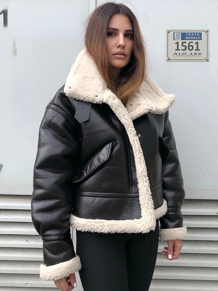 2023 jaqueta feminina moda grossa quente do falso casaco de couro vintage manga longa com aba bolso feminino outerwear chic topos