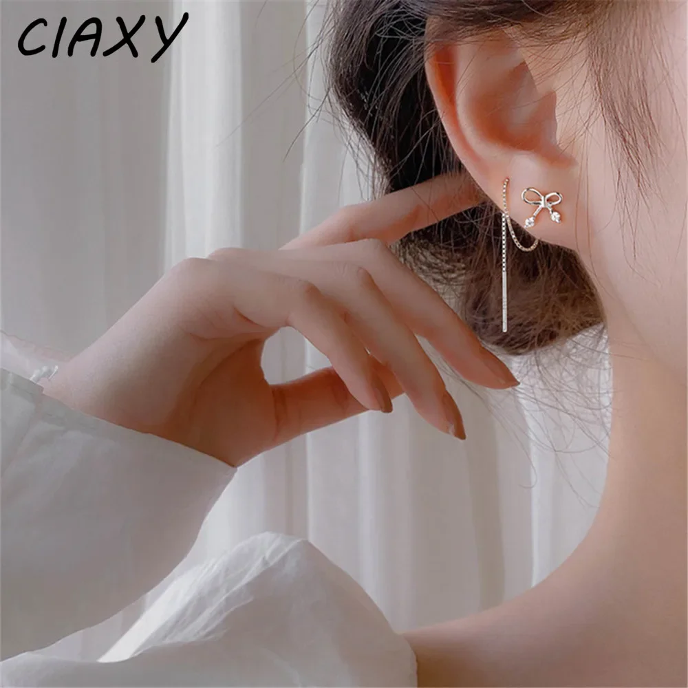 CIAXY 925 Sterling Silver Inlaid Zircon Bow-knot Earrings for Women Temperament Tassel Long Ear Wire Earring Fashion Jewelry