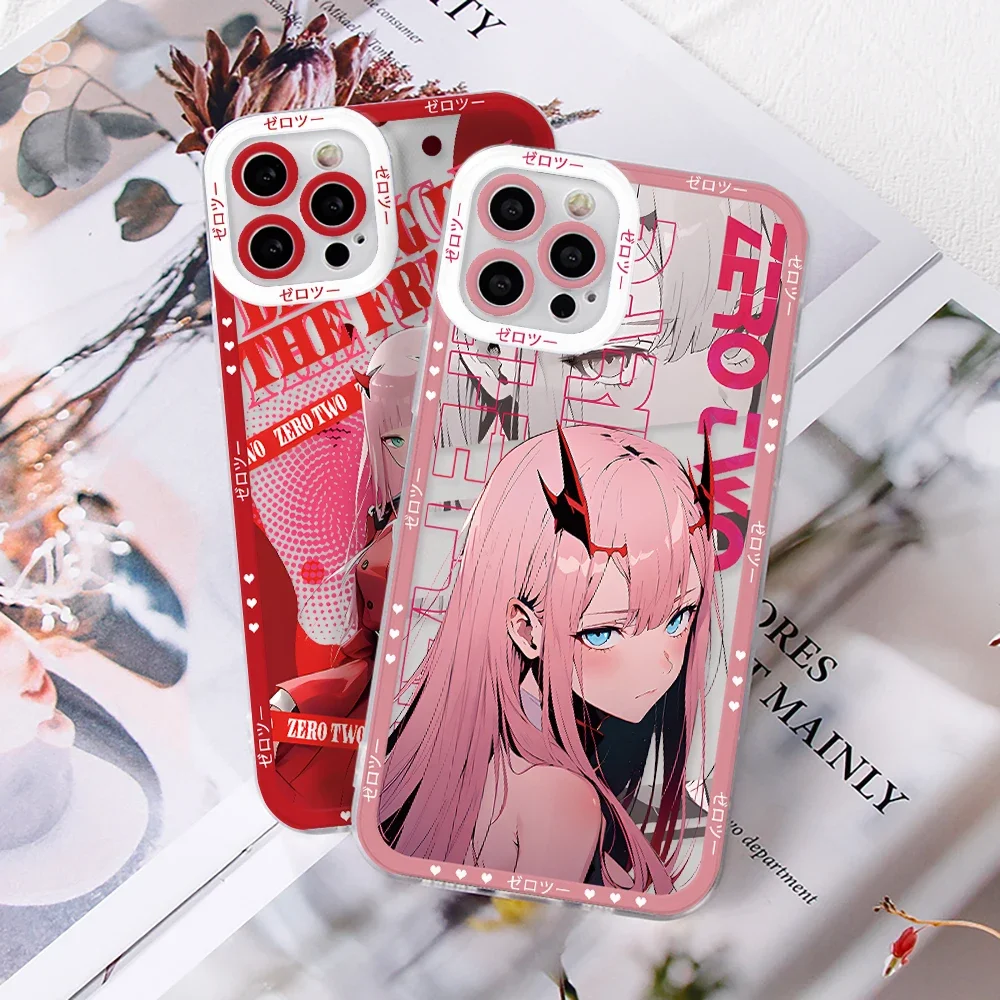 DARLING FRANXX Zero Two Phone Case for iPhone 16 15 14 Plus 13 12 Mini 11 Pro Max X Xs XR 7 8 Border Print Transparent Soft Capa