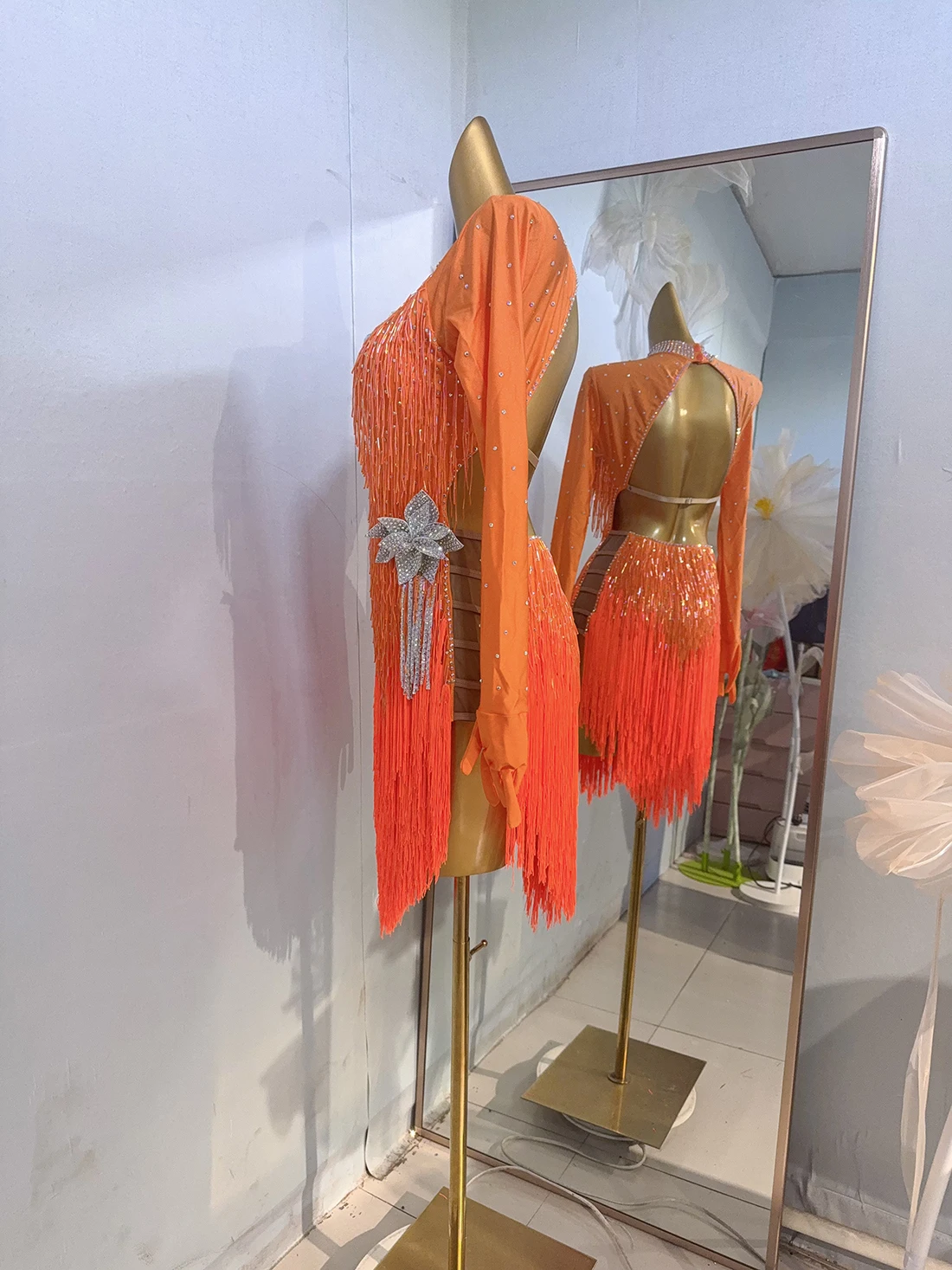 Latin dans strass jurk high-end aangepaste oranje kraal buis kwastje tango dames volwassen professionele kleding