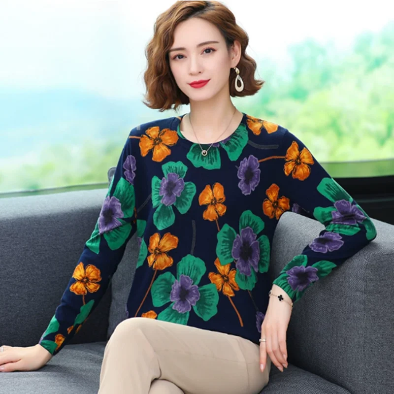 

Retro women's floral round neck pullover loose sweater 2025 early autumn printed sweater top plus size Knitted women's clothing