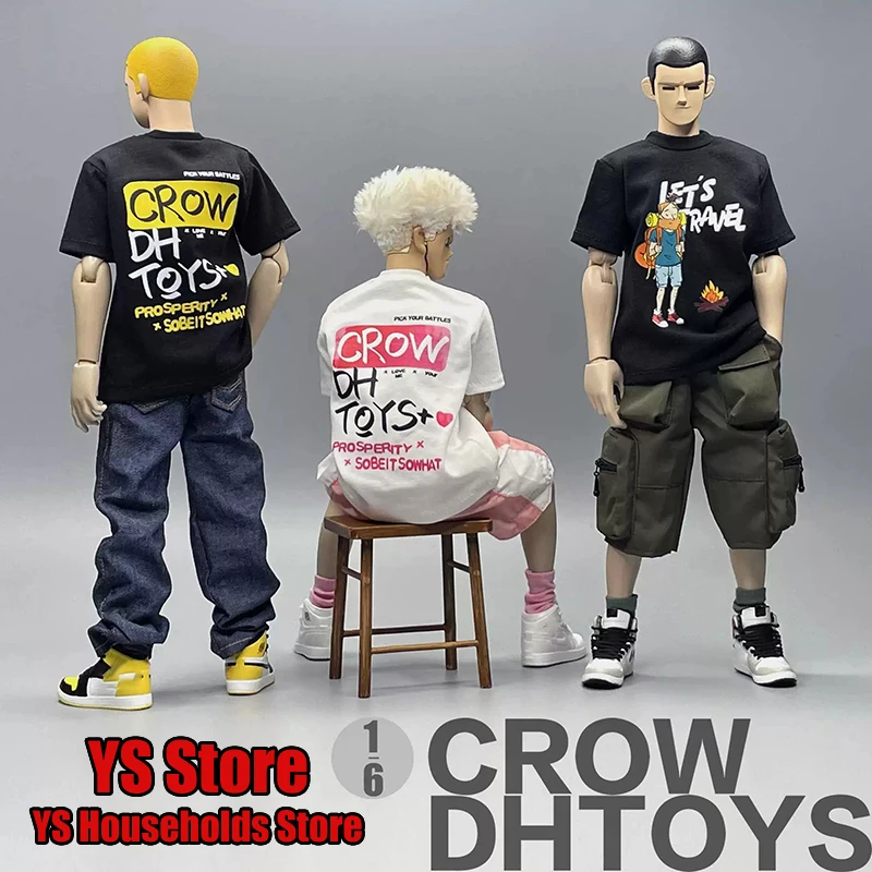 

CROW DH TOYS 1/6 Человек-солдат Черно-белая уличная одежда Модная модная футболка с принтом Однотонный верхний аксессуар для одежды для тела 12 дюймов