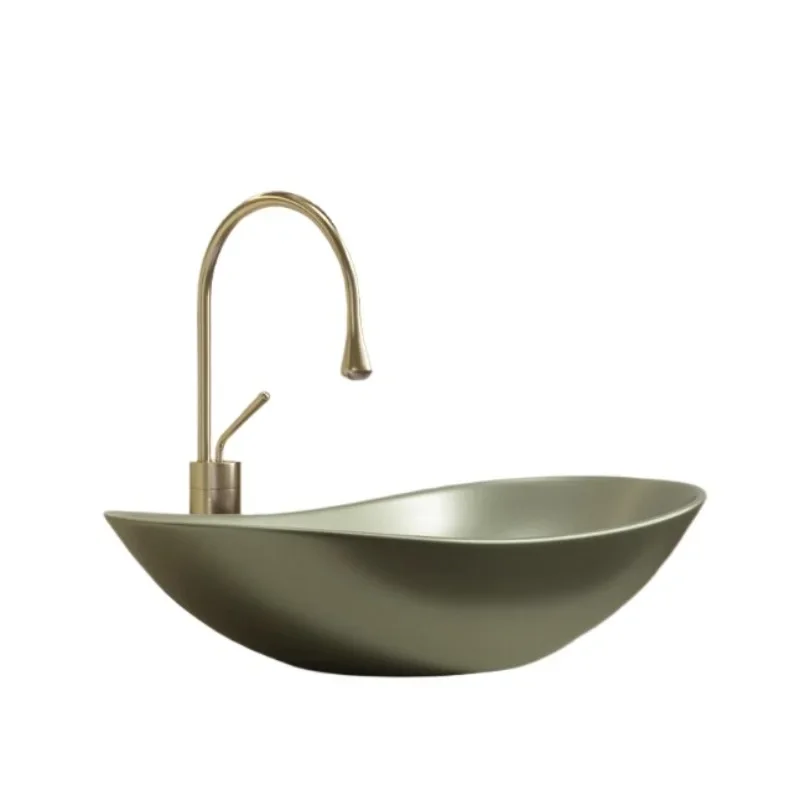 Oval art basin light luxury ingots ceramic household countertop basins, olive palm green metallic texture, hotel style