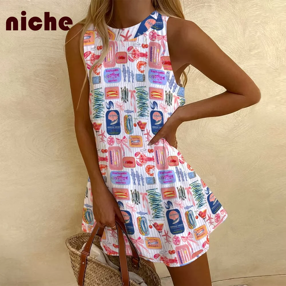 Casual Ladies Sleeveless Dress Y2k Style Bow Graphic Printing High Quality Cotton And Linen Fabric Trendy New Beach Skirt