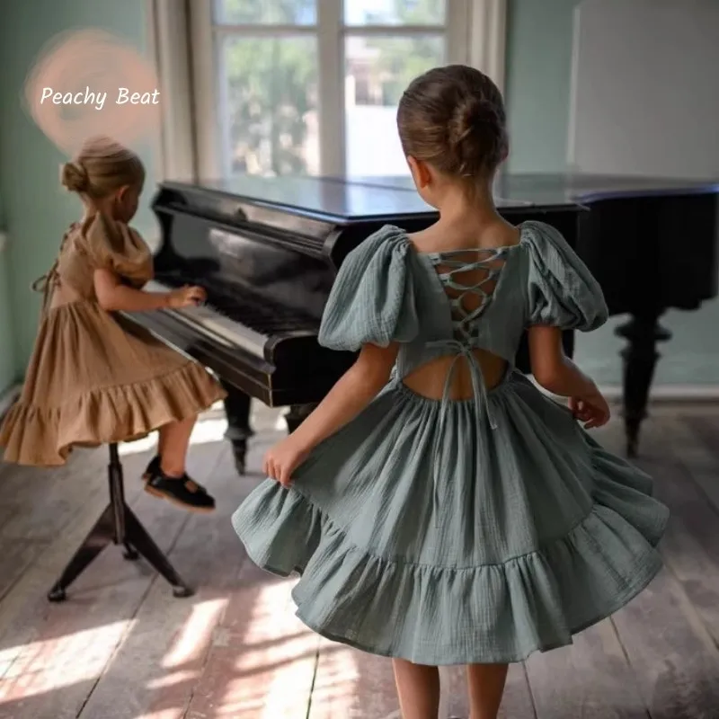 

Fashion Baby Girl Cotton Dress Short Puff Sleeve Infant Toddler Child Solid Vestido Cross Tie Back Summer Baby Clothes 1-10Y