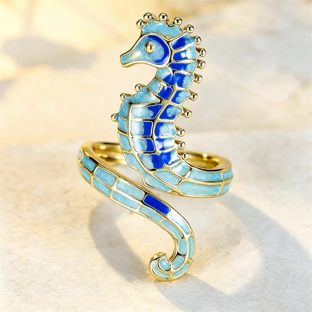 Cute Sea Horse Trendy Enamel Ocean Animal Open Rings For Women Vintage Gold Color Wedding Bands Engagement Promise Jewelry Gifts