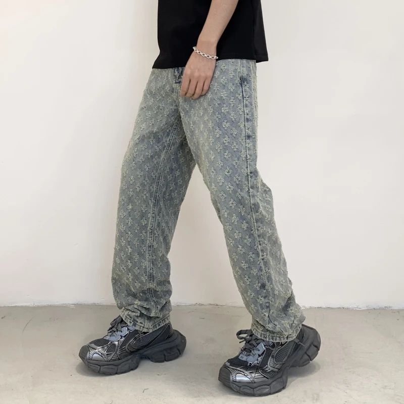 American Washed Jeans, Trendy Men'S Loose Fitting Straight Leg Men'S Printed Fashionable Denim Pants