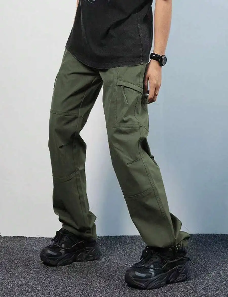 

Olive Green Loose Fit Cargo Trousers For Men – Multi Pocket Outdoor Hiking Climbing Casual Sport Pants