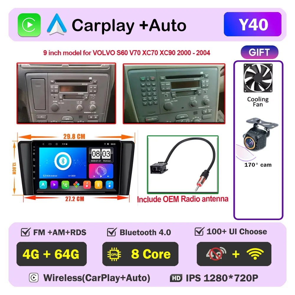Auto radio CarPlay voor Volvo XC70 V70 S60 2000-2009 Android Auto multimediaspeler stereo 8-core autoradio DSP 5G WIFI scherm DVD