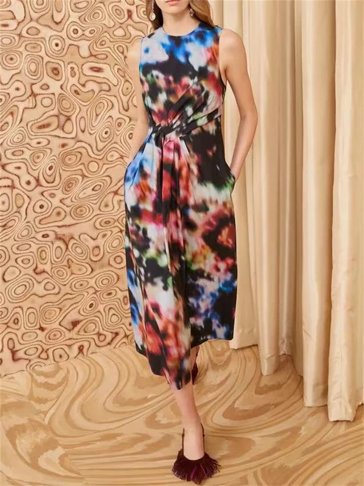 Abstract Printed Midi Dress Women 100% Cotton Fashion Sleeveless Round Neck Pleated Design Ladies Robe for 2024 New