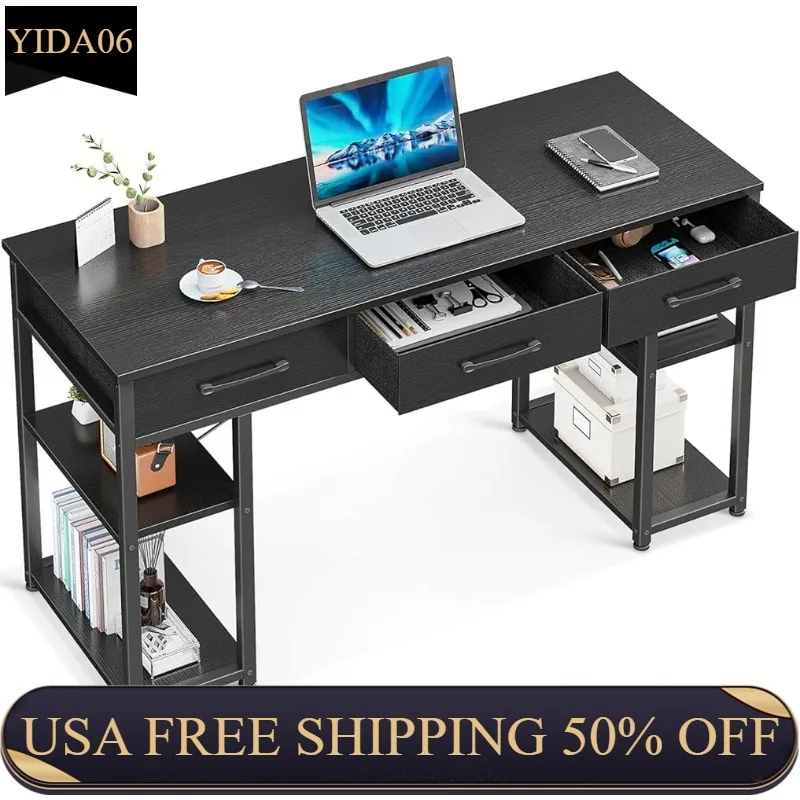 

Office Small Computer Desk: Home Table with Fabric Drawers & Storage Shelves, Modern Writing Desk, Black, 48"x16" desk table