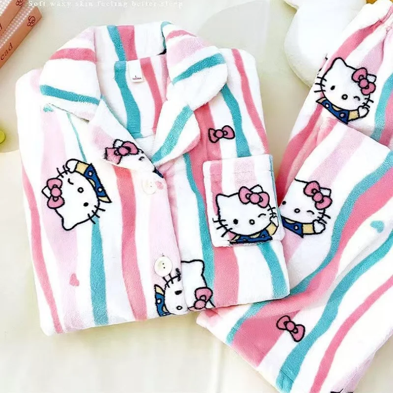 Winter Hello Kitty Pajamas Flannel Cute Women's Pajama Set Fluffy Pajamas Plush Pajama Top Thickened Home Clothes Two Piece Set