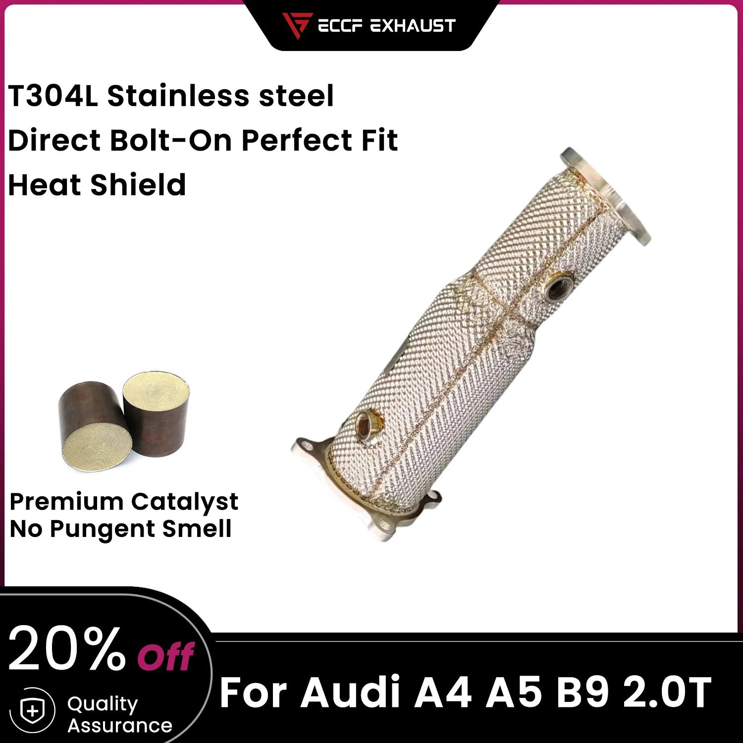

ECCF Sports Downpipe With Heat Shield For AUDI A4 A5 B9 2.0T Aggressive Exhaust Sound High Flow Performance Upgrade