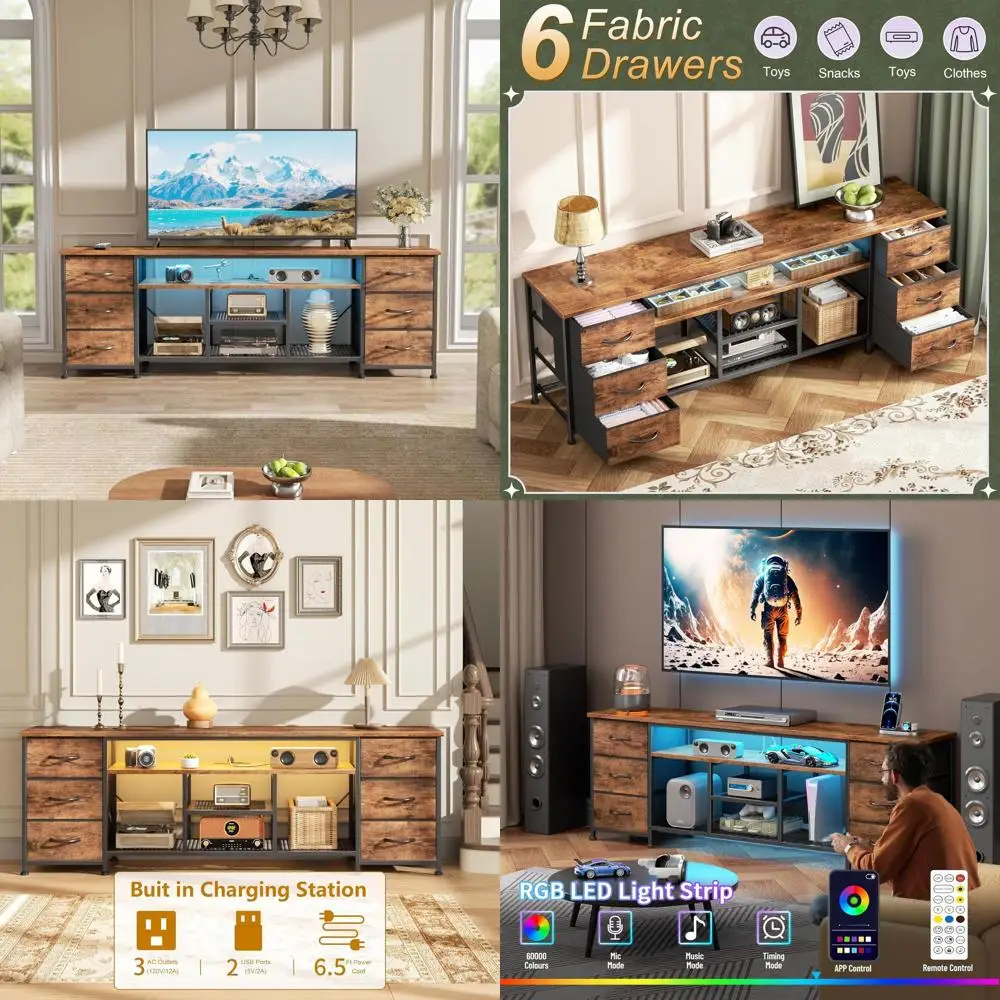 Rustic Brown 71 Entertainment Center for 65-80 TVs with 6 Fabric Drawers and Power Outlets