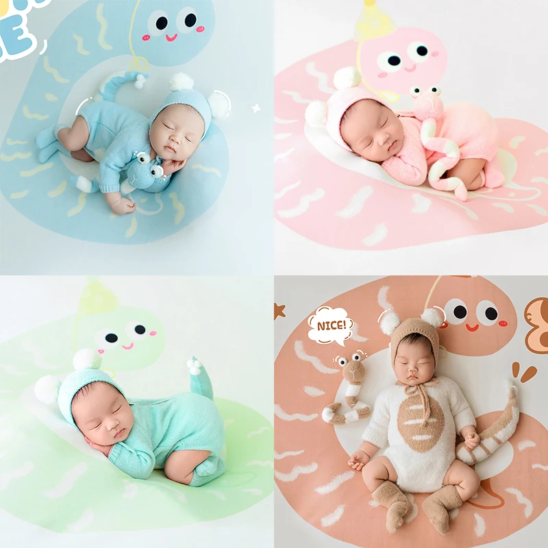 Newborn Baby Photography Clothes Lovely Cartoon Knit Snake Year Outfit With Tail Infant Photoshoot Snake Backdrop Blanket Props