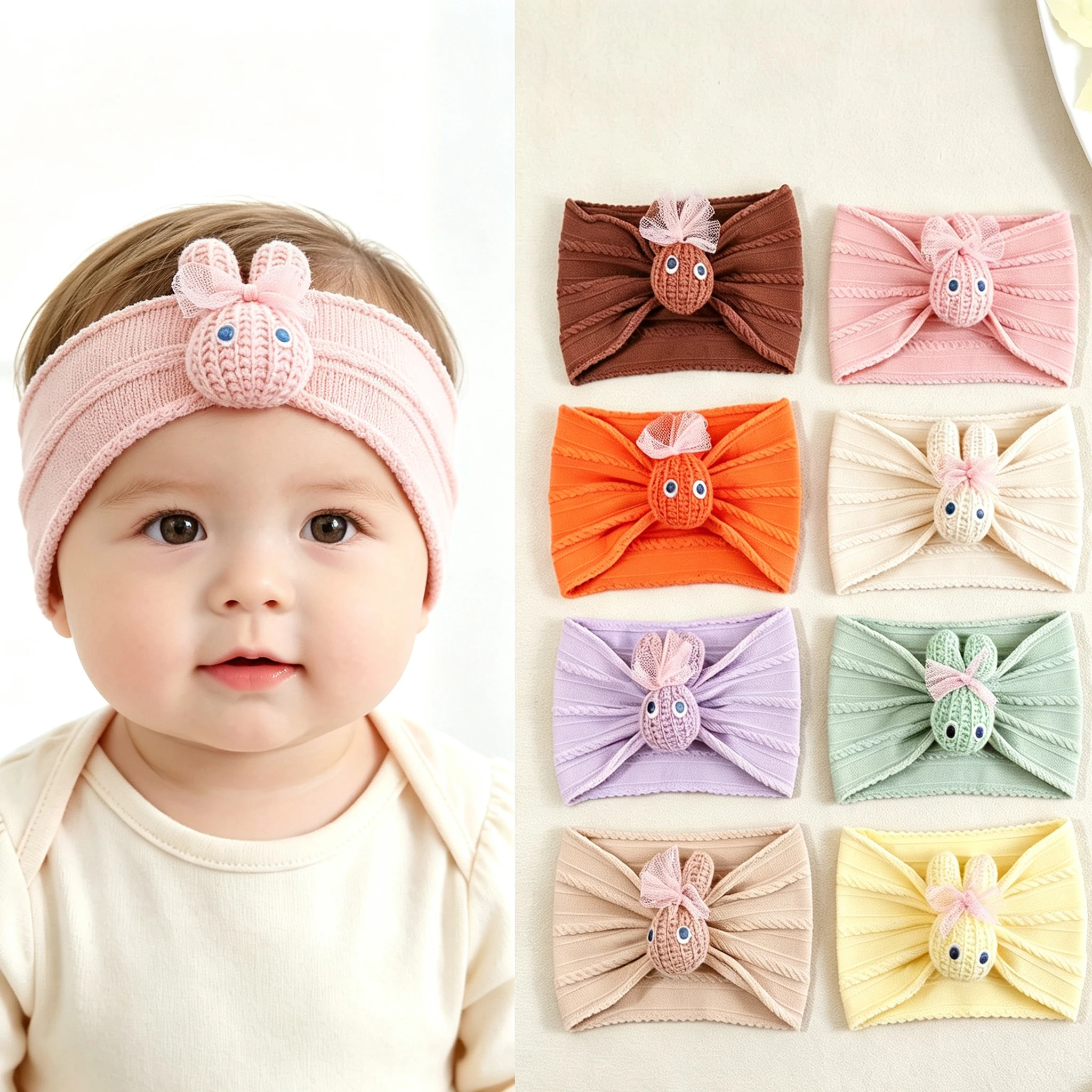 8Pcs Small Rabbits headbands for baby girls Wide Stretchy Soft Nylon Hair Band For Newborn lovely Girls Hair Accessories