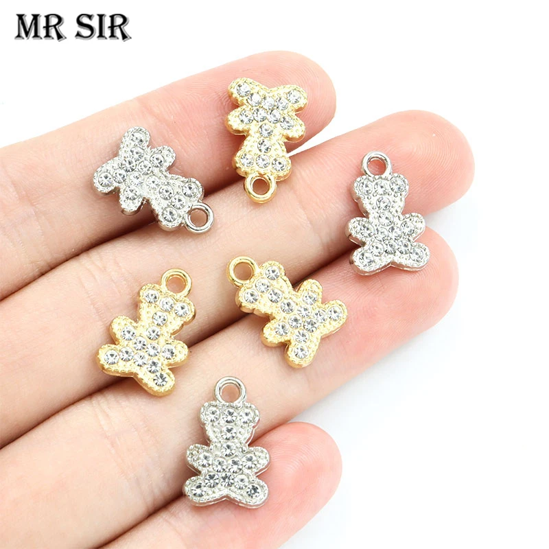 10pcs Cute Bear Metal Inlaid Crystals Charms 2 Colors Alloy Rhinestone Animal Pendant for Jewelry DIY Necklace Earrings Findings