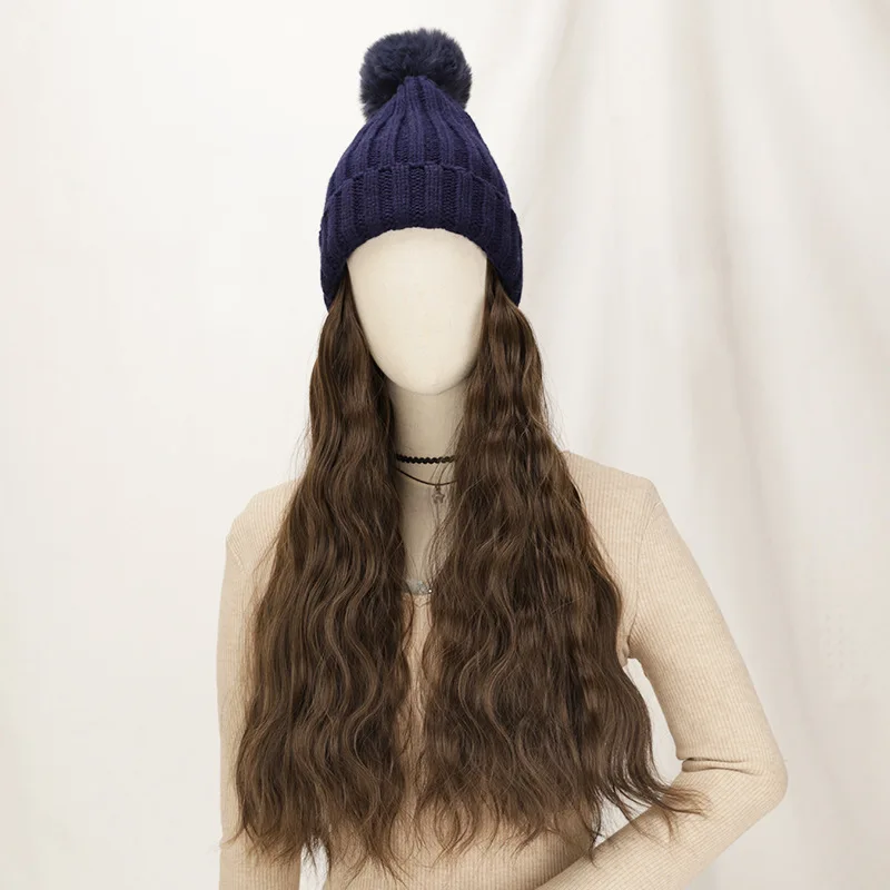 

Hat Wig, Candy Colored Woolen Hat, Knitted Wool Ball Hat, Ear Protection, Thick and Warm Pullover Hat, Suitable for Women's Wigs