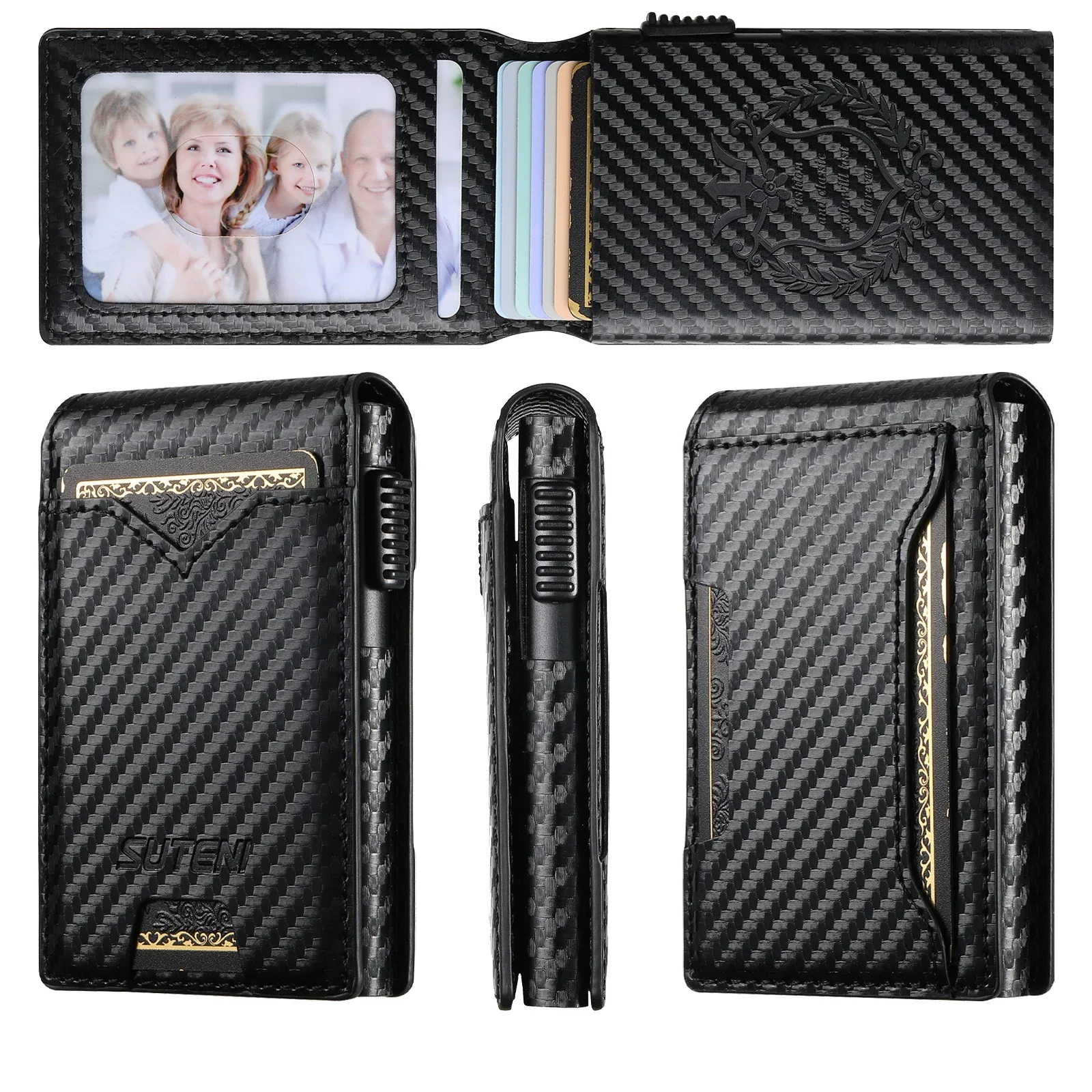 Luxury Business Sle Bla Faux Leather for Men Carbon Fibre Wallet for Iphone 17 Card Bag Pressing The Button Automatically Ejects