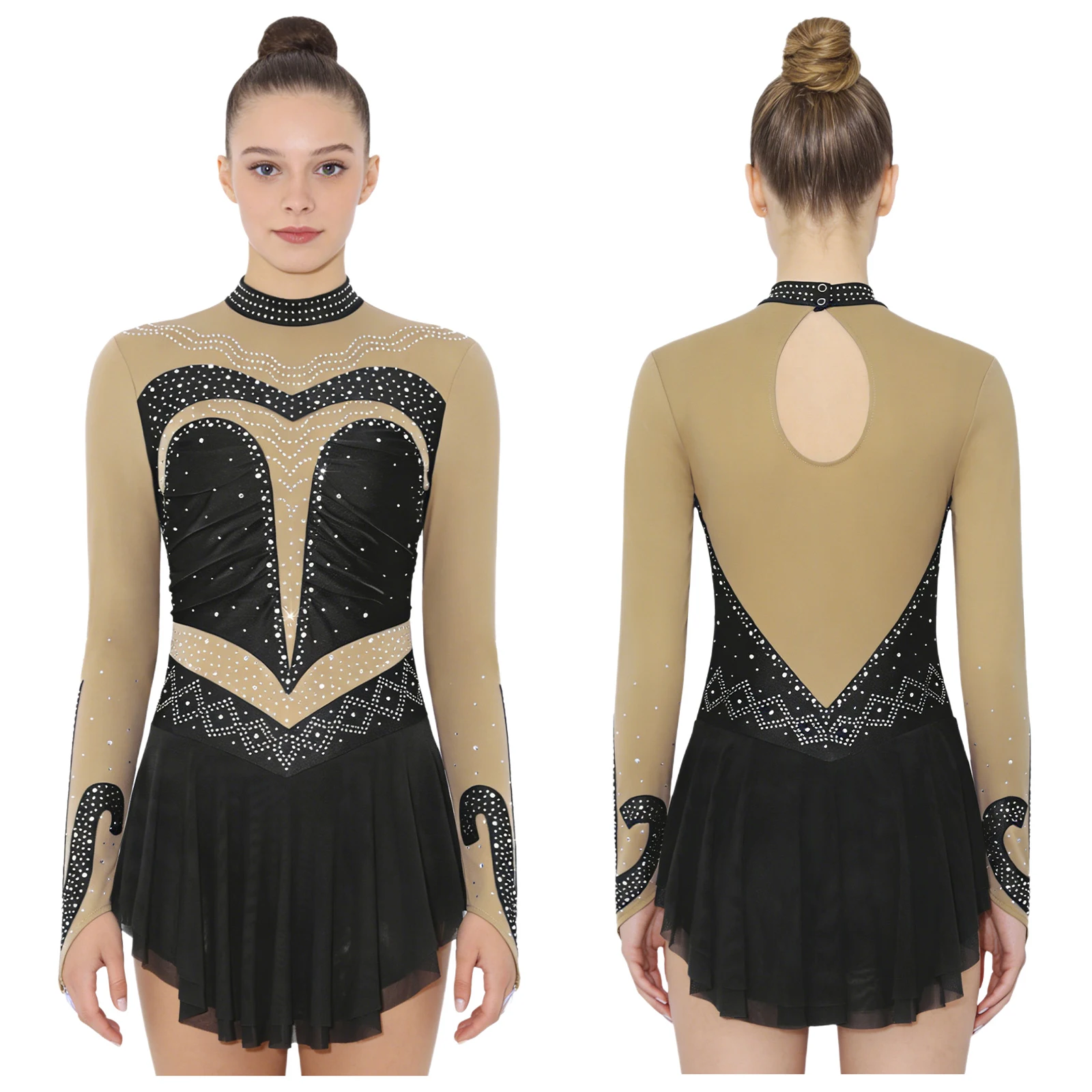 

Women Figure Skating Dress Long Sleeve Shiny Rhinestones Mesh Leotard Dresses for Rhythmic Gymnastics Acrobatics Ballet Dance