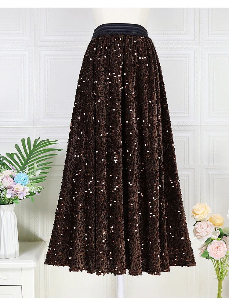 

High Quality Velvet Sequin Skirt Shiny High Elastic Waist A-line Sexy Elegant Skirt Wedding Party Autumn/Winter Woman Clothing