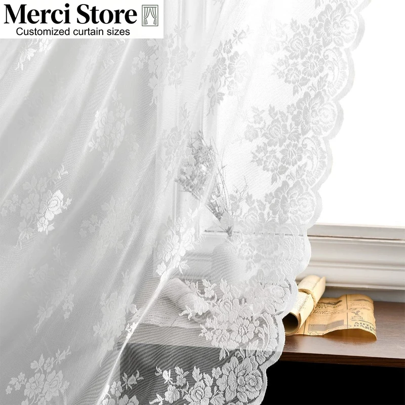 Fashion Popular White Lace Retro White Sheer  Tulle Floral Transparent Curtains for Living Dining Room Bedroom Custom Size