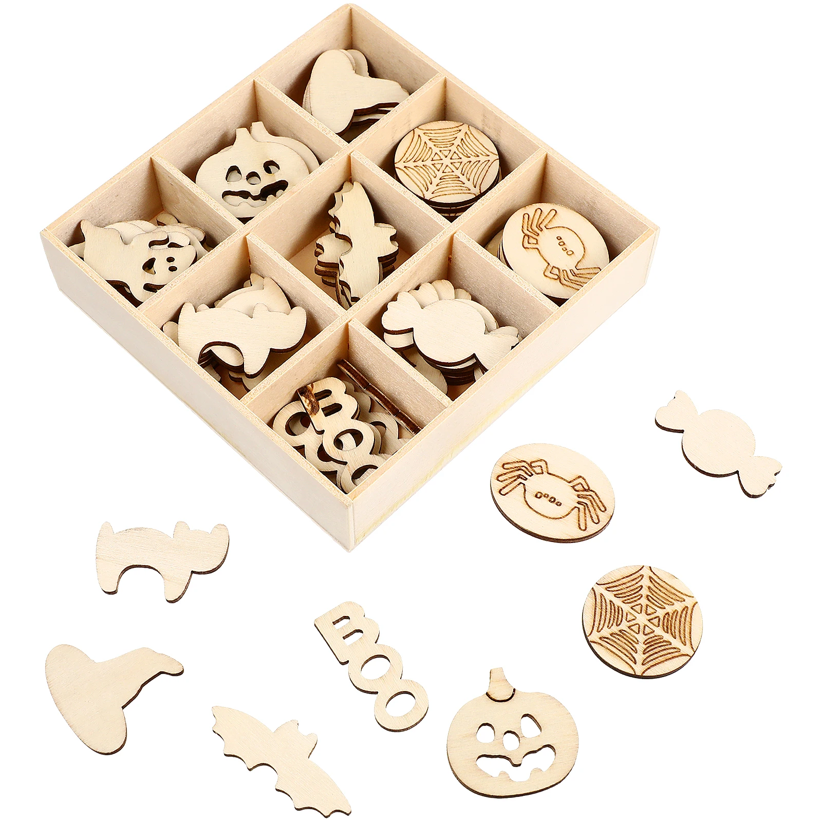 

72 Pcs Wood Chip Decorative Box Halloween Unfinished Wooden Cutouts Crafts naments Decoration Mixed Design Kids Adults Gift