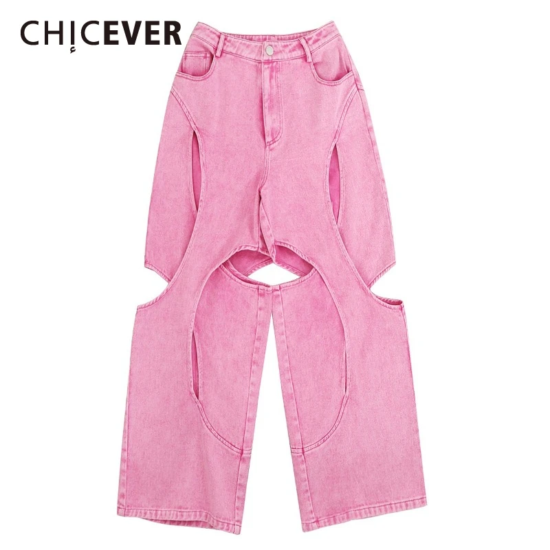 CHICEVER Baby Pink Streetwear Spliced Hollow Jeans for Women High Waist American Hot Girl Baggy Trousers Female Summer Clothing