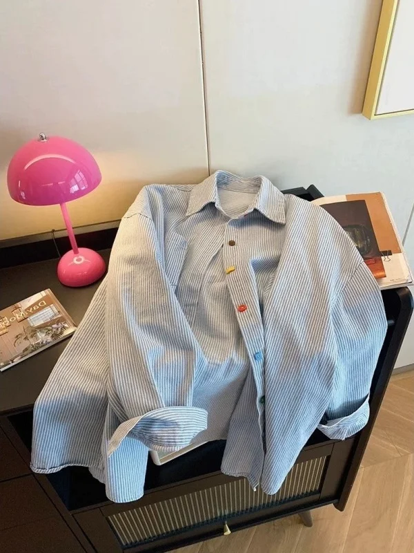 

Женская рубашка свободного кроя в полоску с длинными рукавами, весенняя, винтажная, с контрастным воротником, на пуговицах, повседневная верхняя одежда