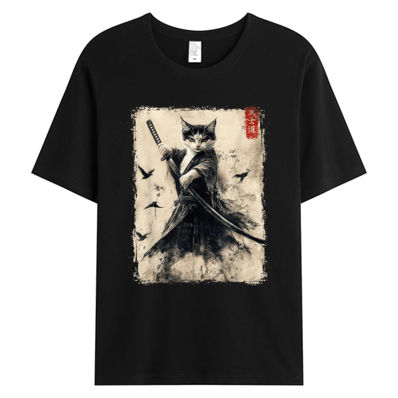 

Samurai Cat Graphic Tee Warrior Vintage Japanese Art T-shirt Anime Men's Cotton Fabric Birthday Hot Sell Graphic T-Shirts
