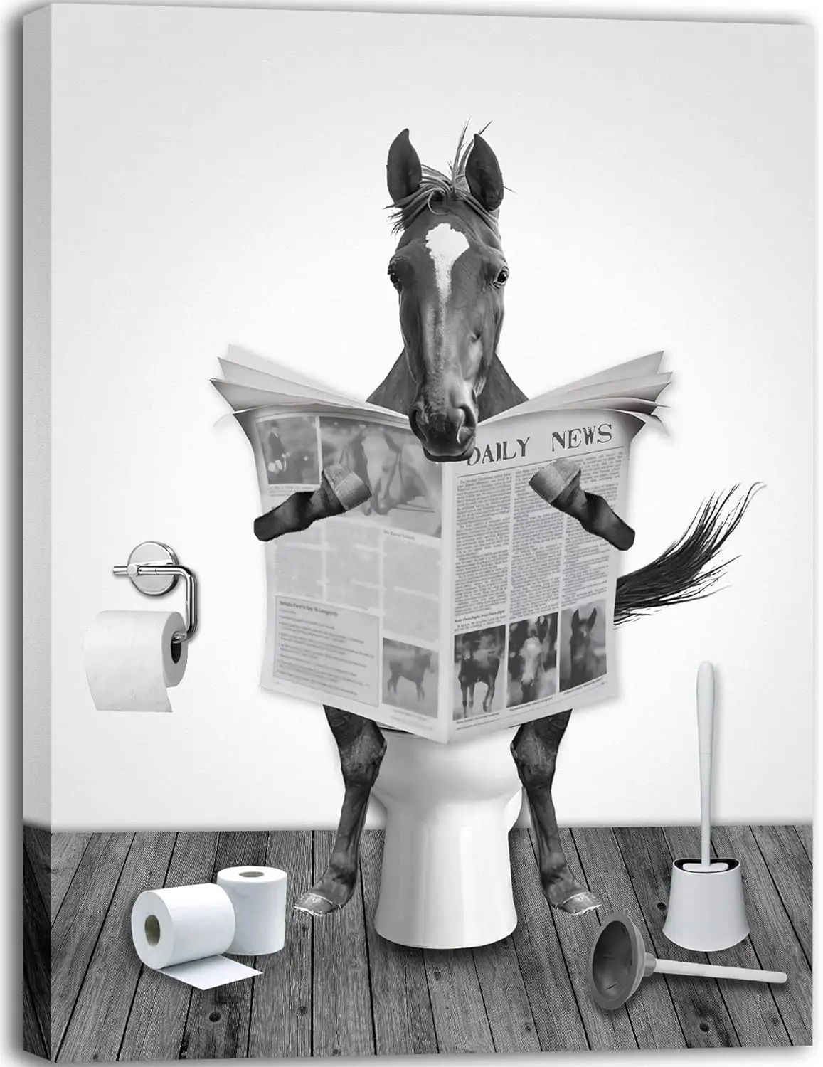 LXLSMWA Bathroom Decor Horse Wall Art, Horse Reading Newspaper on Toilet Black and White Canvas Prints Poster Framed 8