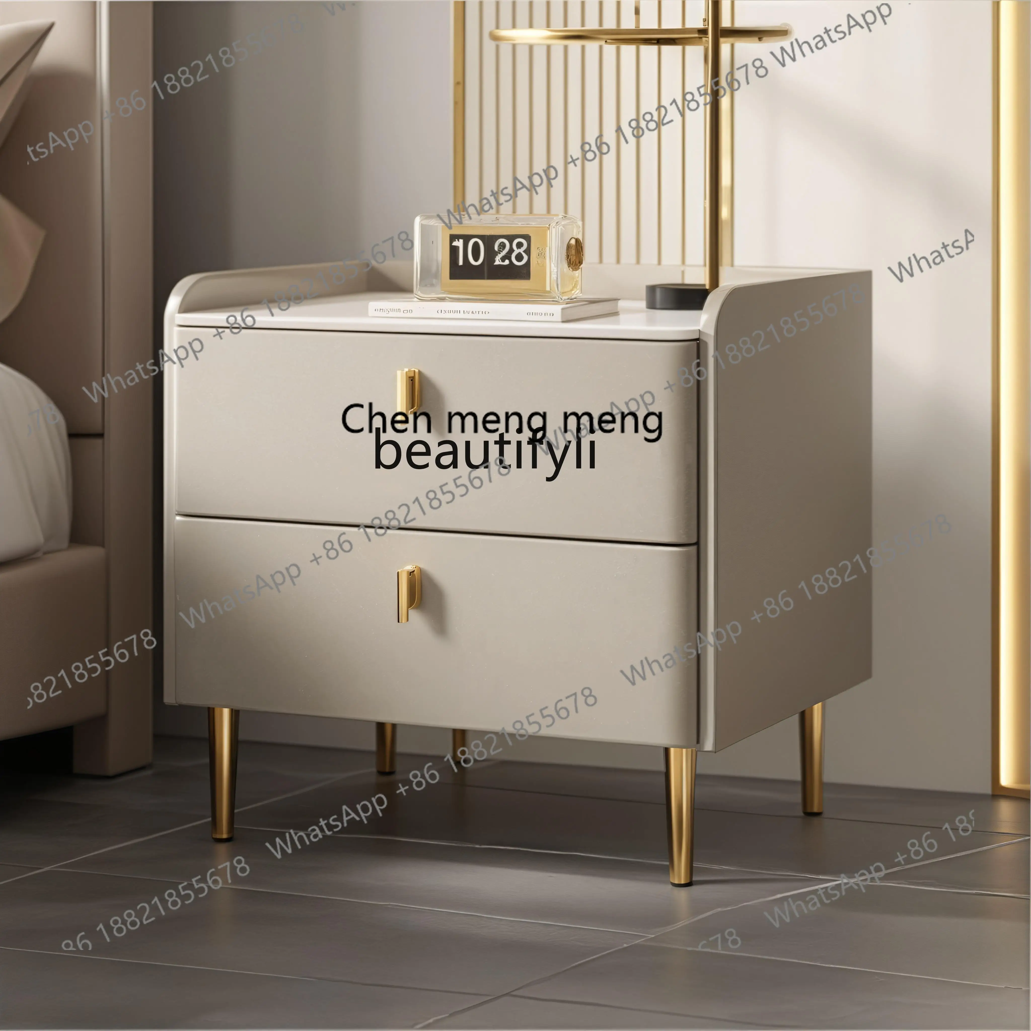 X  Solid wood bedside table household bedroom light luxury, modern simple small rock slab bedside storage cabinet