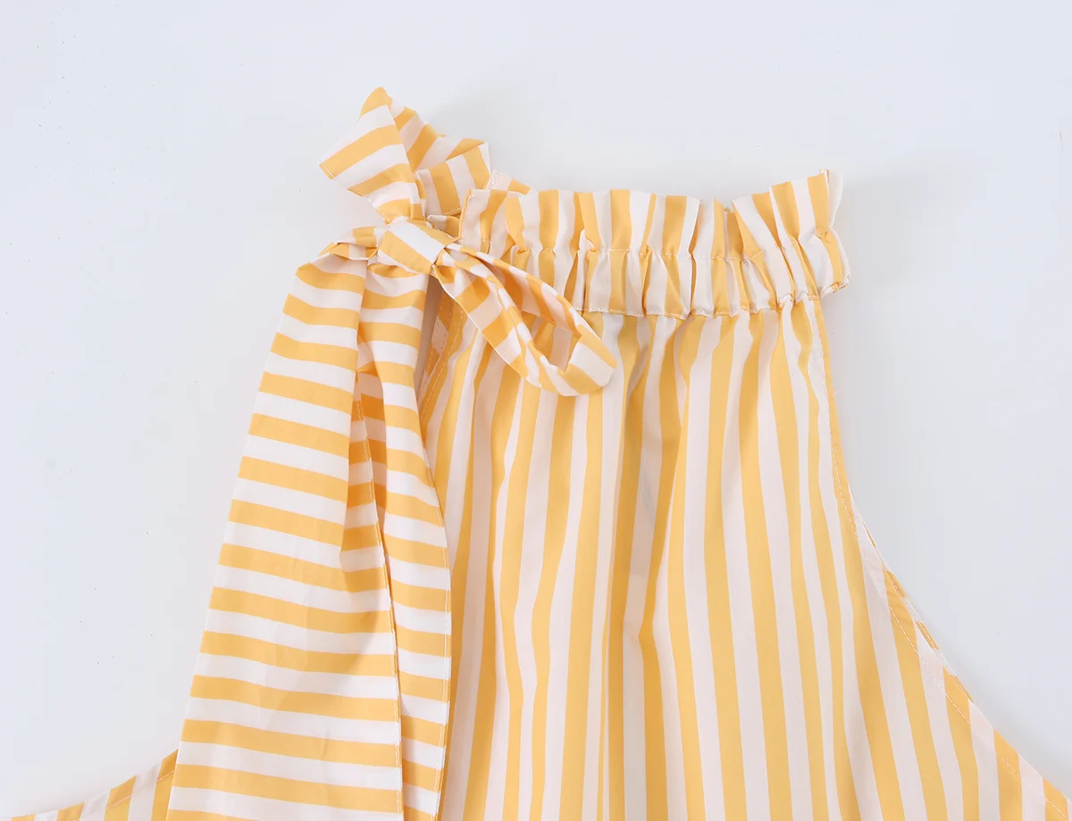 HH Damen Sommer Gelb-Weiß Gestreiftes Neckholder-Top mit Schleifenkragen Ärmellose Bluse mit Bubbel-Saum, Lässige Strand- und Alltagskleidung – Detail 4
