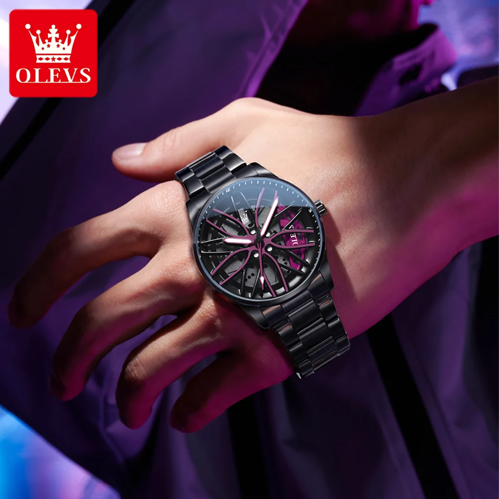 OLEVS 9937 Original Men's Quartz Watch High Quality Wheel Hub Rotating Dial Waterproof Luminous Top Luxury Brand Men's Watch