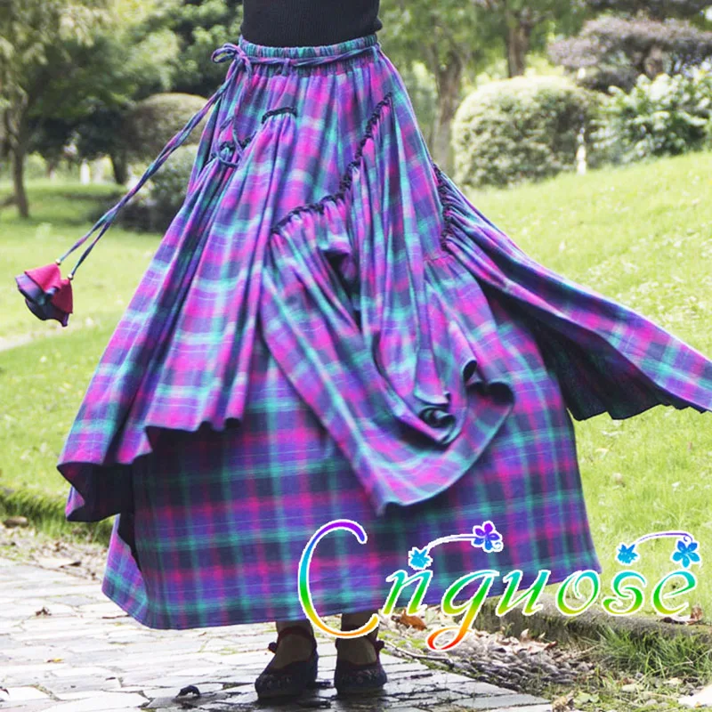 Casual Cottagecore Farmhouse Style 100% Cotton Purple Grid Female Skirt Womens , pleated asymmetrical Plaid Woman Maxi Skirts