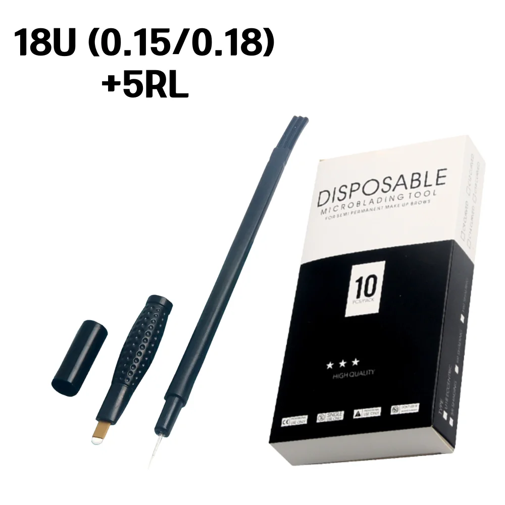 

10PCS/BOX Black Microblading Disposable Pen 2 IN 1 Thinnest Blade U18 0.15MM + 5RL Permanent Makeup Machine Eyebrow Supplies Kit