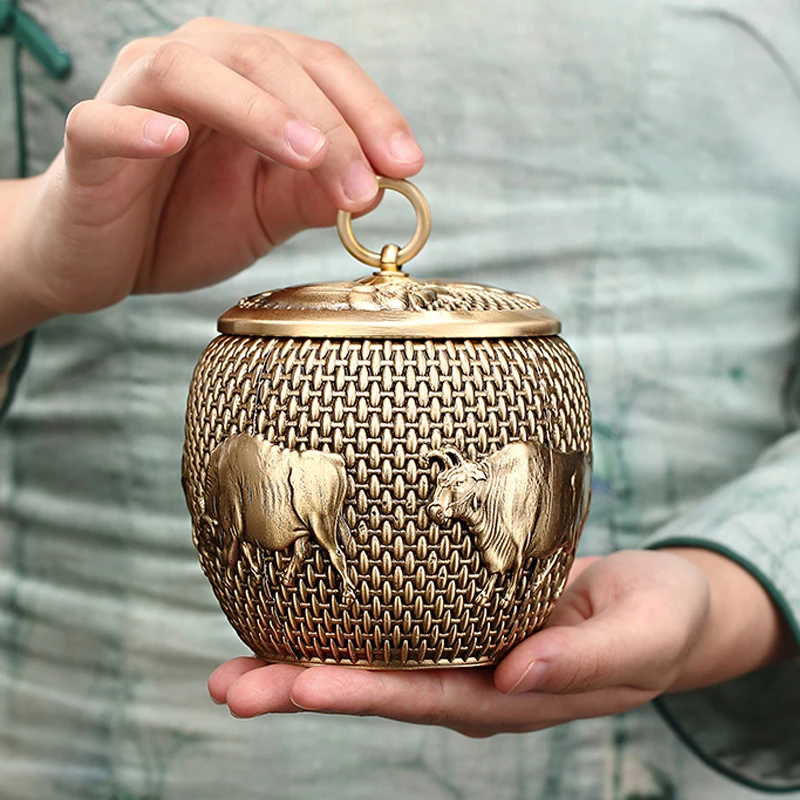 

Light Luxury Brass Tea Pot Household Tea Bag Storage Pot Handmade Art Teapot Pu'er Tea Storage Pot Living Room Decoration