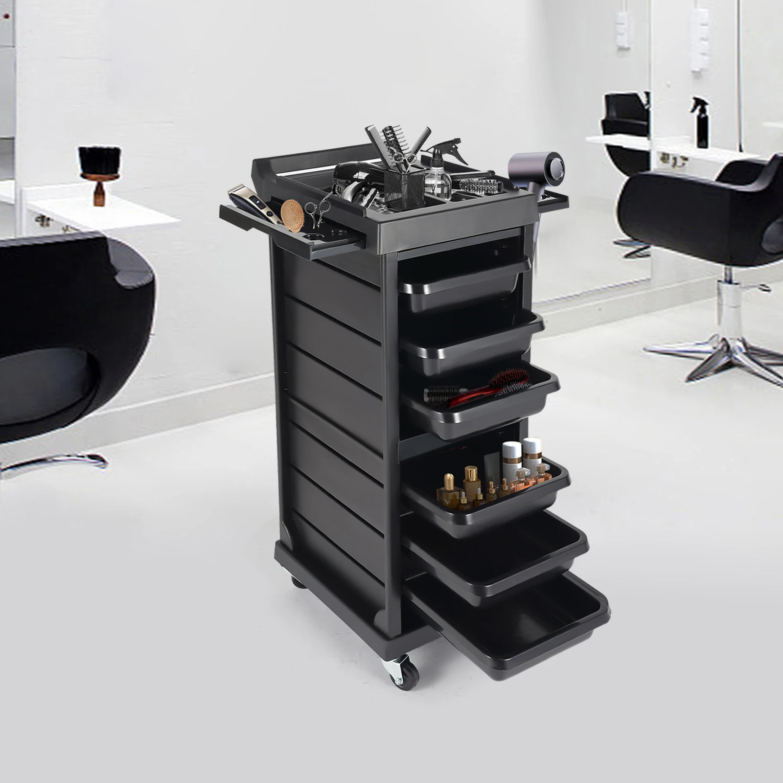 

Salon Trolley Cart with Wheels 7 Tier Premium Locking Rolling Trolley Cart with Pocket Inserts 6 Drawers Hair Cart