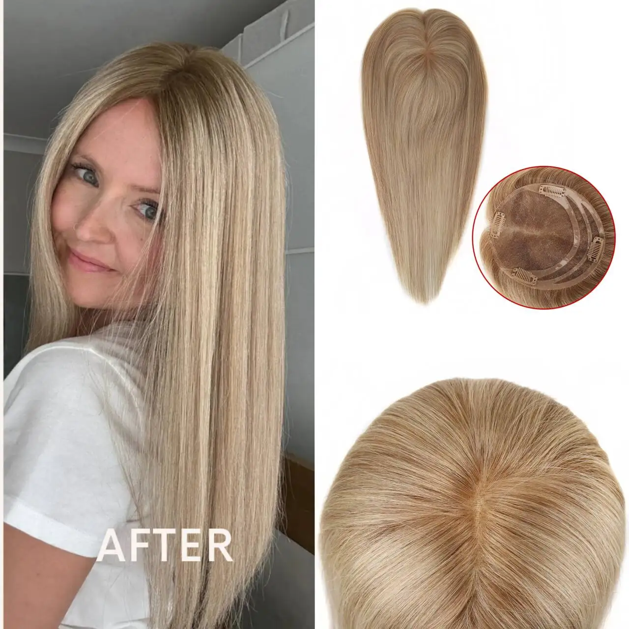 TUW14 Remy Human Hair Toppers Natural Looking Lace Front Topper with 3 Lines of PU Clips Hair Extensions Hair Piece