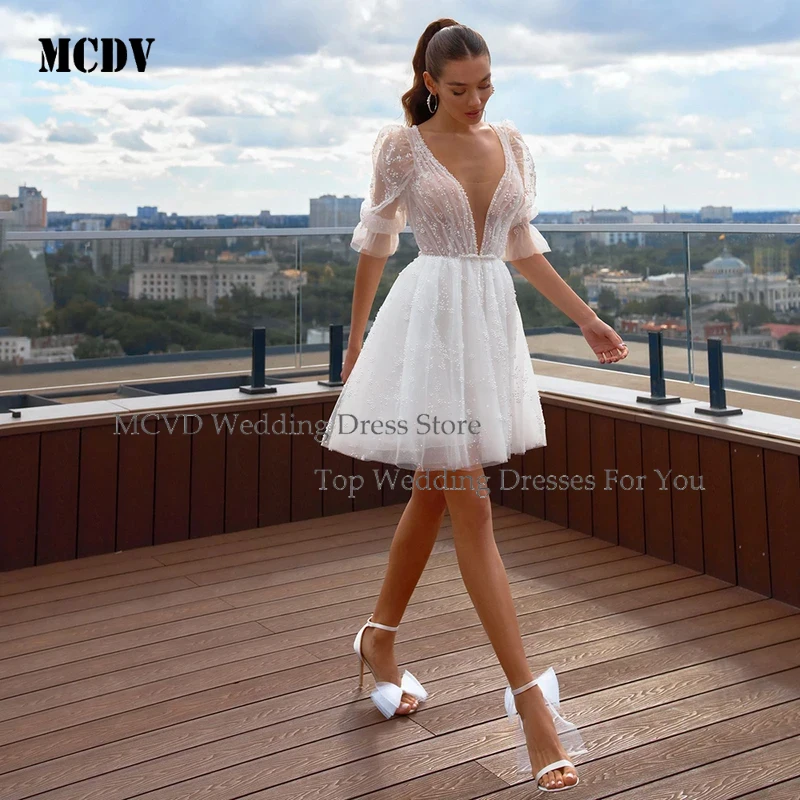 

2026 Customized Deep V Tulle Puff Sleeve A Line Mini Wedding Dress Beaded Lace Elegant Bridal Gown Party Dress