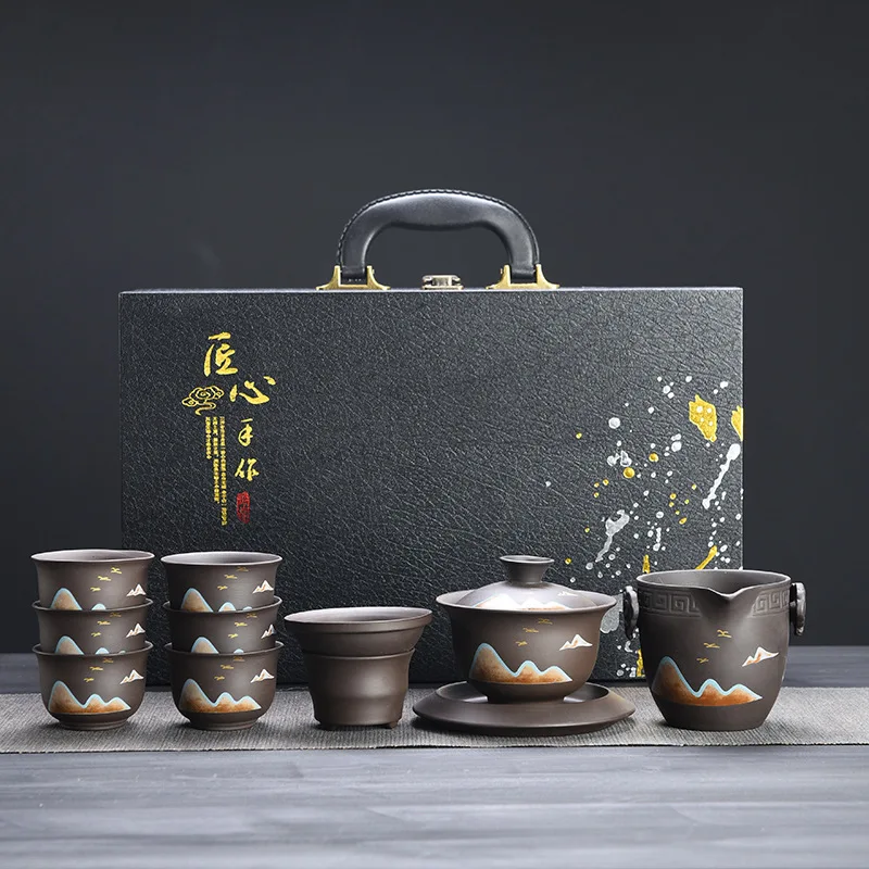 Original Mineral Purple Clay Tea Set Retro Chinese Style Teapot and Teacups Luxury High-end Gift Box for Friends