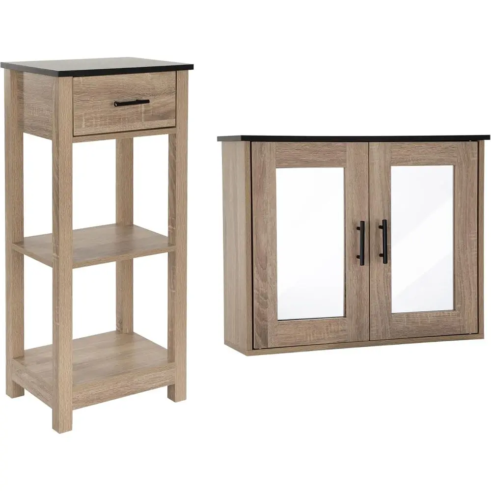 

Space-saving Bathroom Storage Cabinet with Shelves, Drawer, and Mirrored Medicine Cabinet