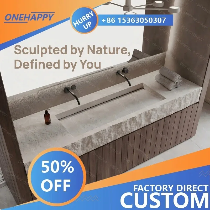 Any Size Custom Wall Mounted Washbasin Rough Travertine Countertop Concealed Drain Textured Basin Artificial Stone Countertop Ba