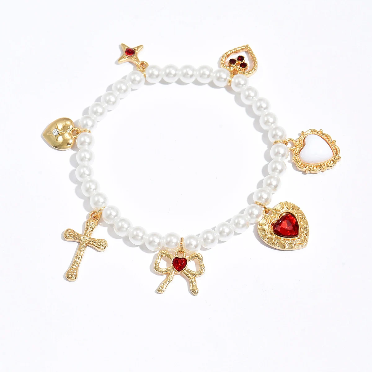 القوس القلب الصليب ستار قلادة سوار Bowknot الأبيض اللؤلؤ مطرز سوار القوس القلب تمتد سوار للنساء الفتيات