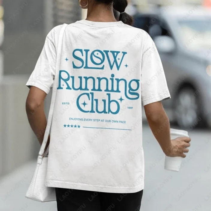 

Мотивационная футболка Slow Running Club, осенняя эстетичная рубашка для тренировок для женщин, модный подарок лучшему другу, повседневные хлопковые забавные топы