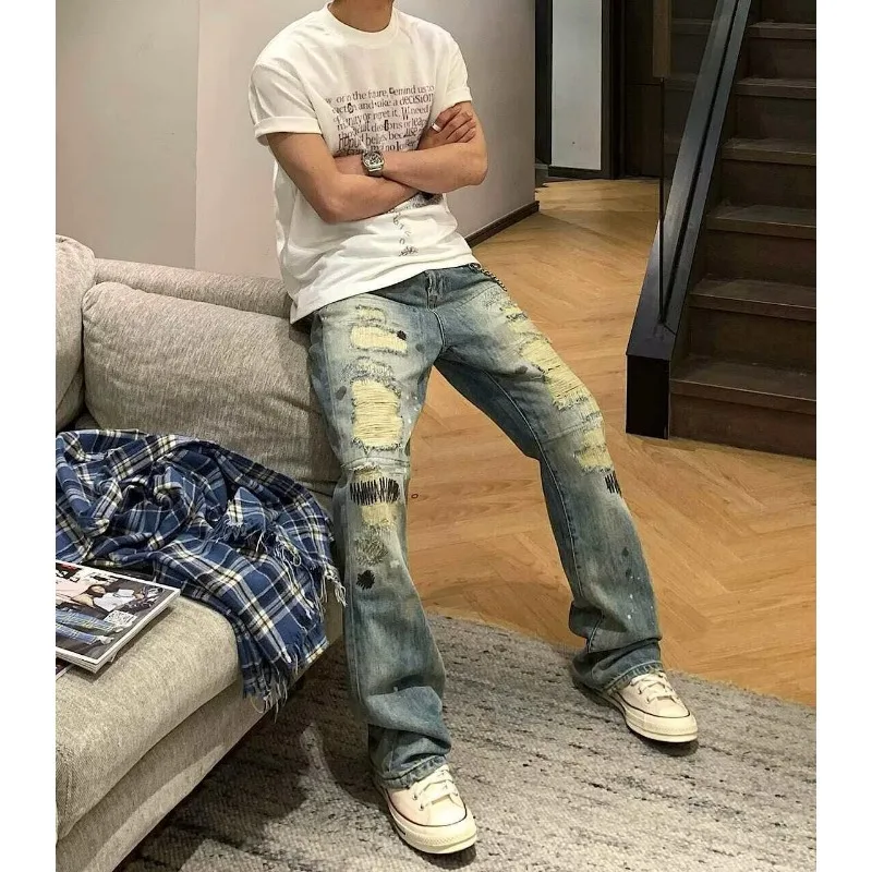 Men's Jeans High Street Vintage Distressed Ripped Faded Man Pants Blue Straight Denim Trousers Embroidery Design Bootcut