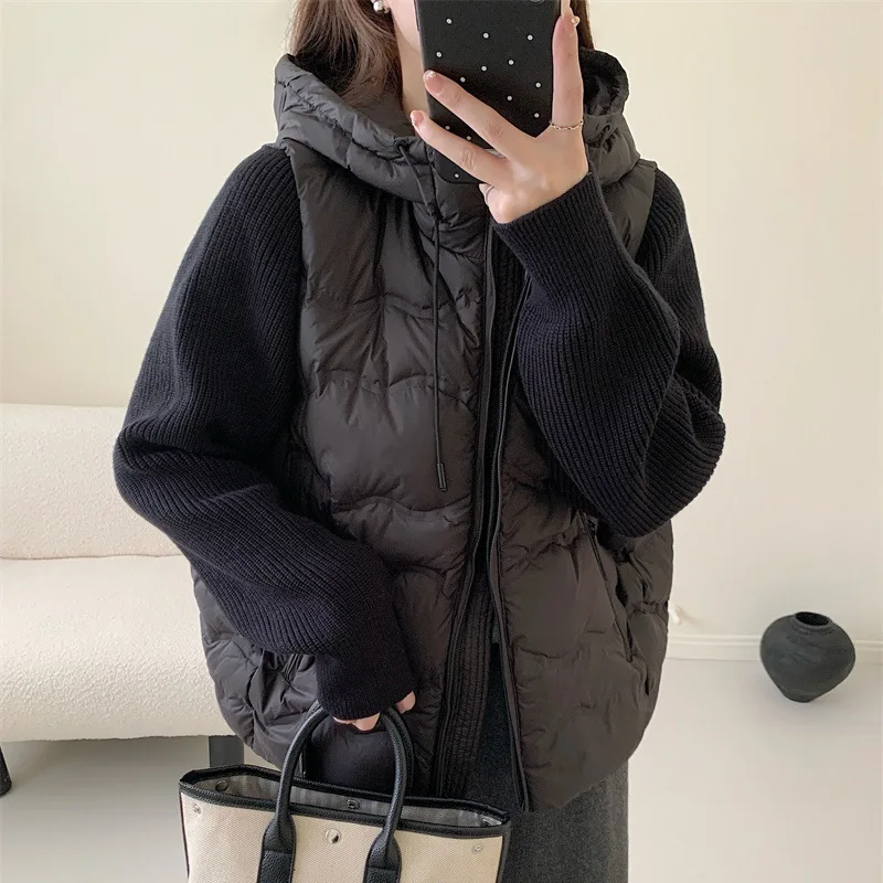 เสื้อแจ็คเก็ตดาวน์ผู้หญิงแบบใหม่ ฤดูใบไม้ร่วง/ฤดูหนาว ปี 2025  แบบมีฮู้ด  แขนถักแบบต่อผ้า  สไตล์ลำลอง