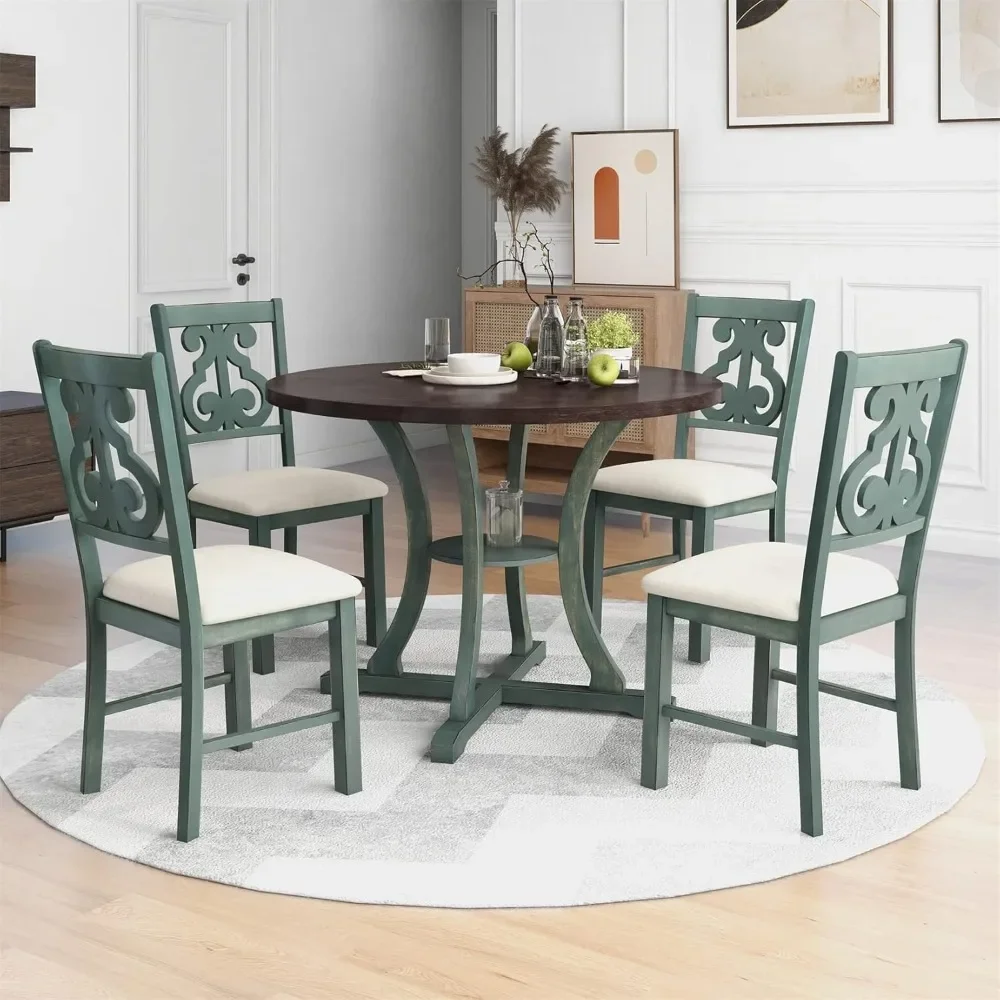 5 Piece Round Dining Table and Upholstered Chair Set with Special-Shaped Legs and Hollow Chair Back for Dining Room